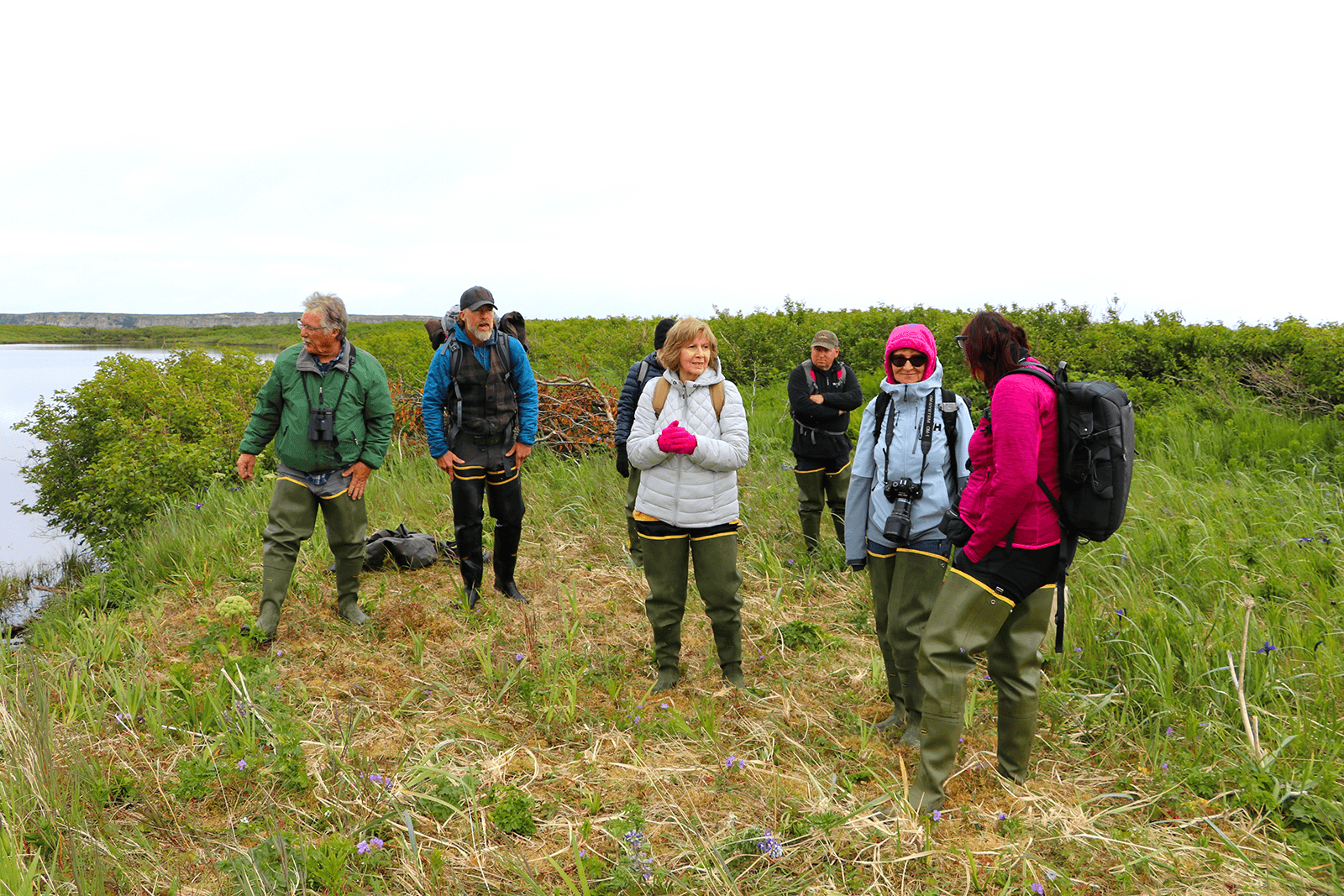 A group of people in waders stands on a grassy riverbank, discussing their surroundings.