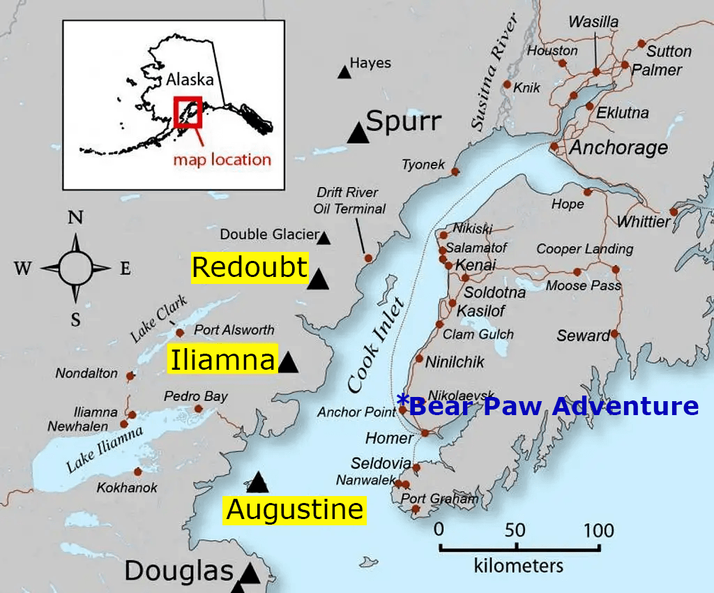 Map location of Bear Paw Adventure and nearby volcanos