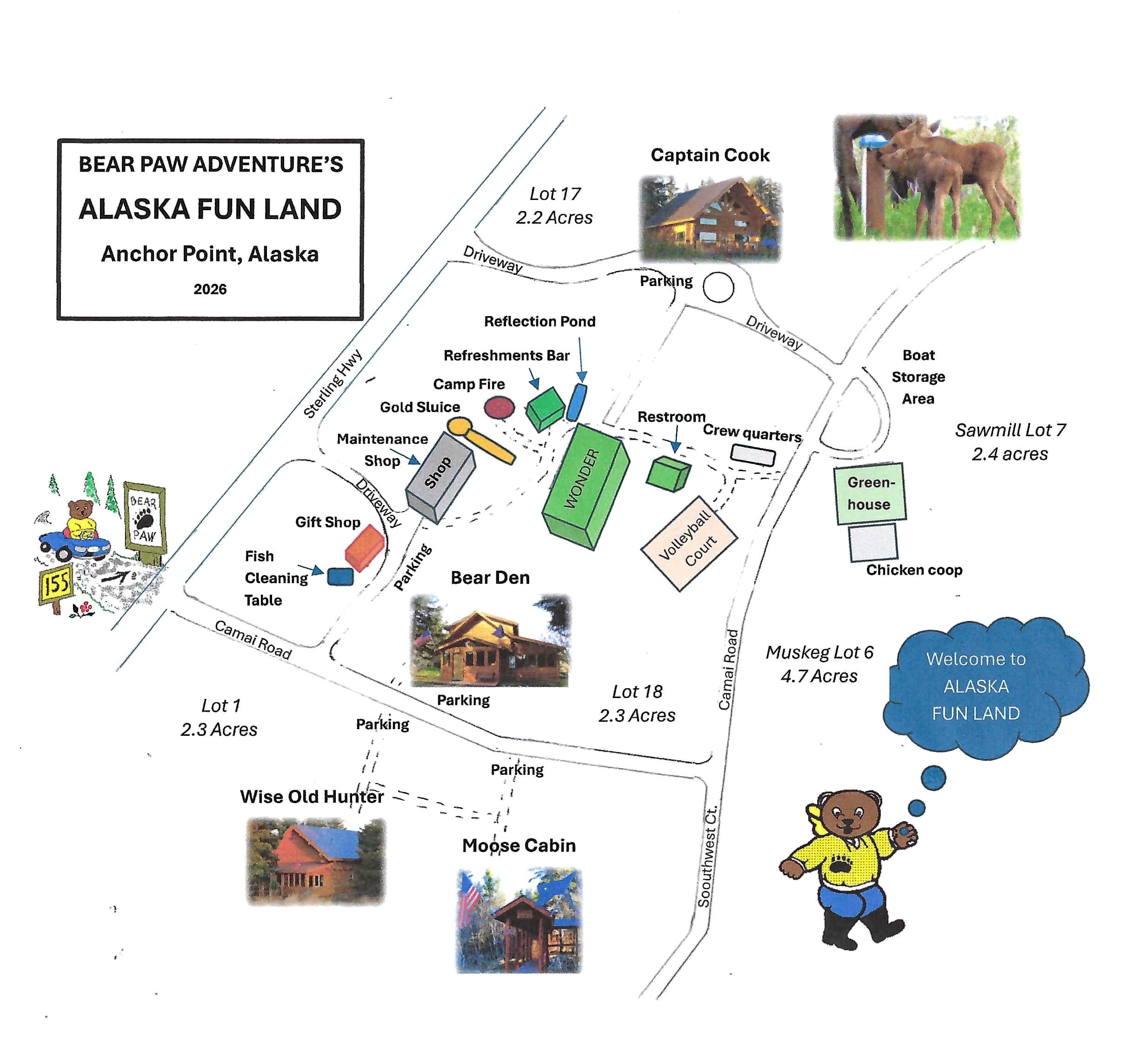 Map of Bear Paw Adventure's Alaska Fun Land in Anchor Point, Alaska, detailing various facilities and attractions.