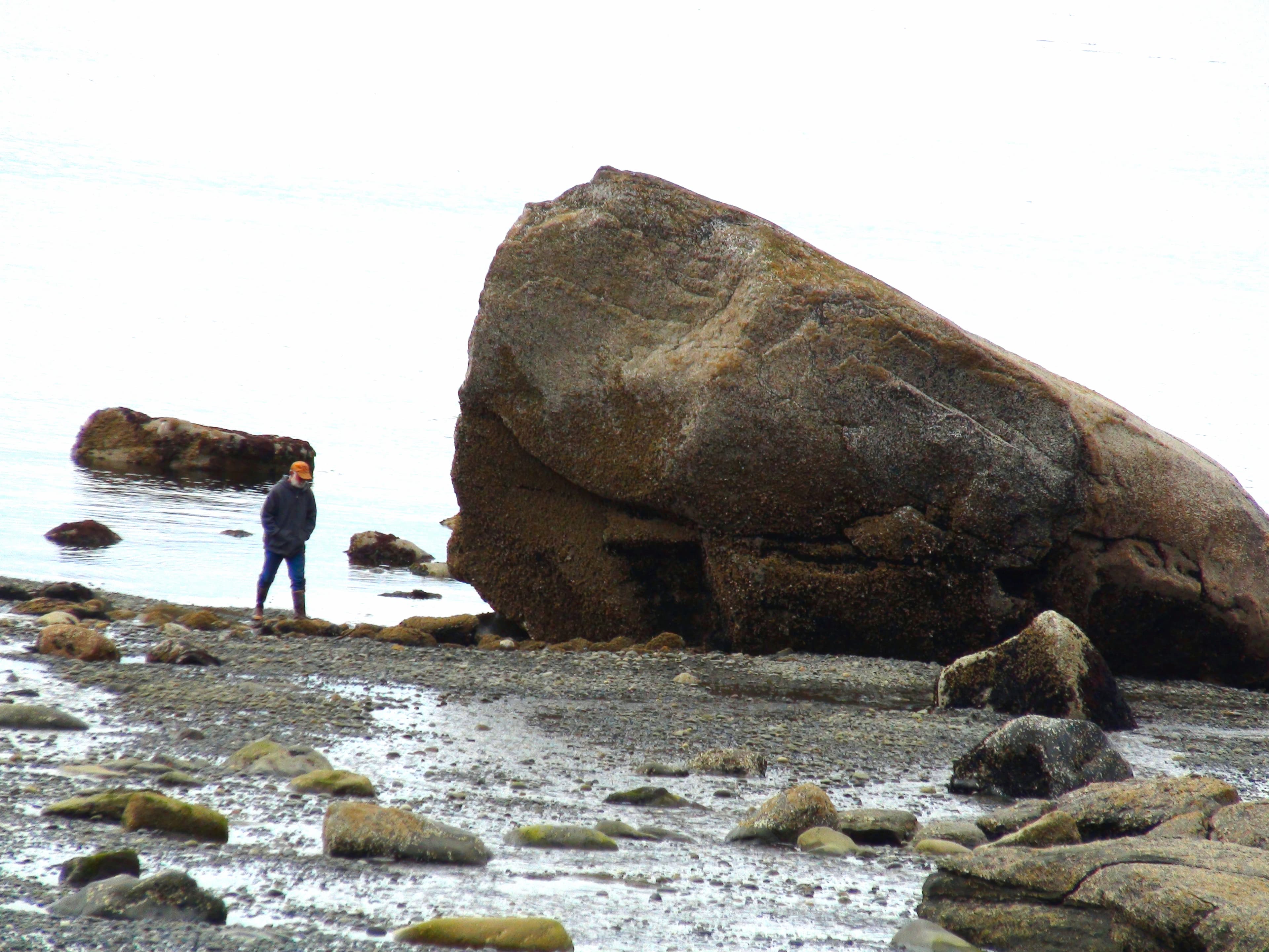 A person walks along a rocky shoreline next to a large boulder.