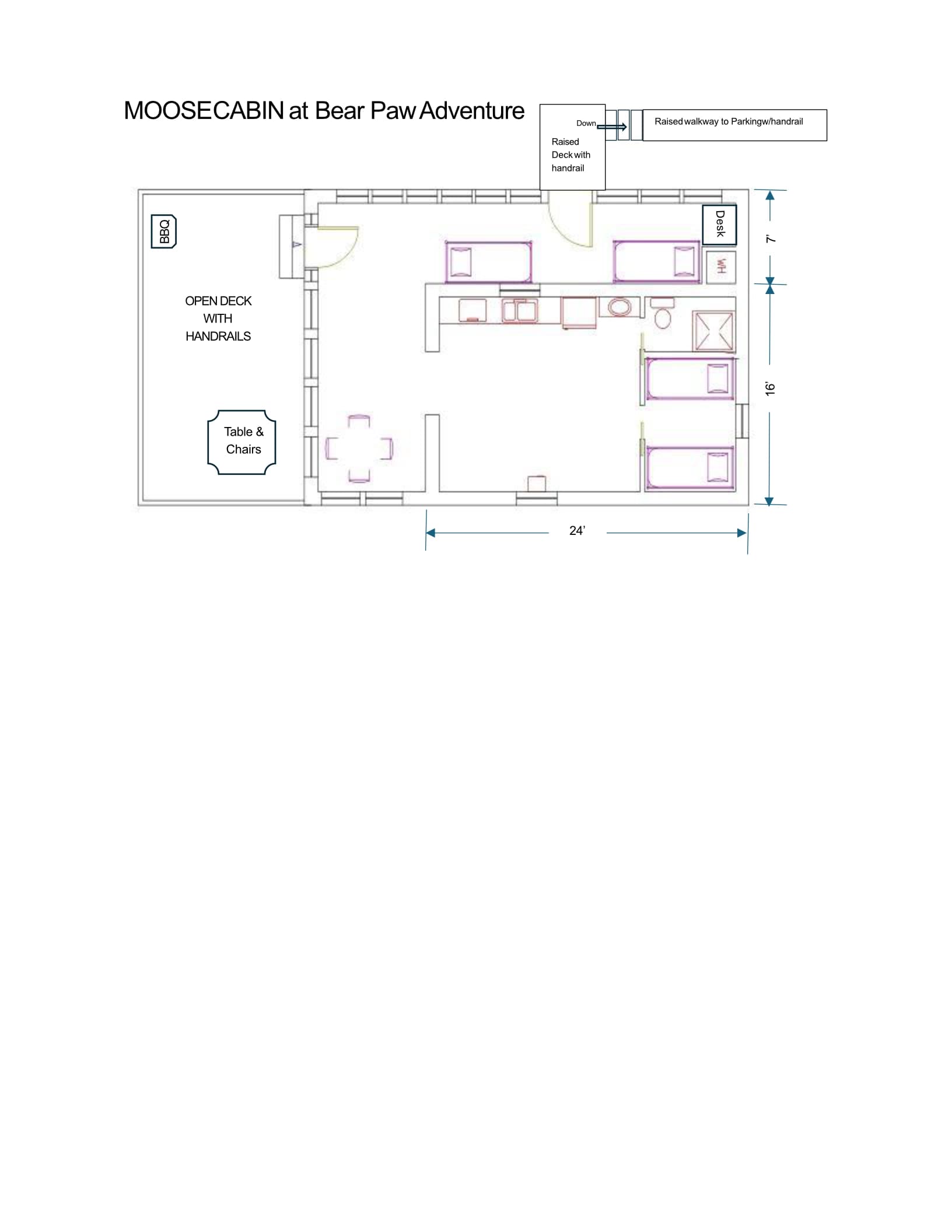 Floor plan of Moose Cabin at Bear Paw Adventure, featuring an open deck and labeled rooms.