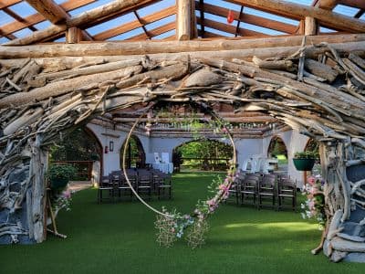 wood clad outdoor wedding pavilion